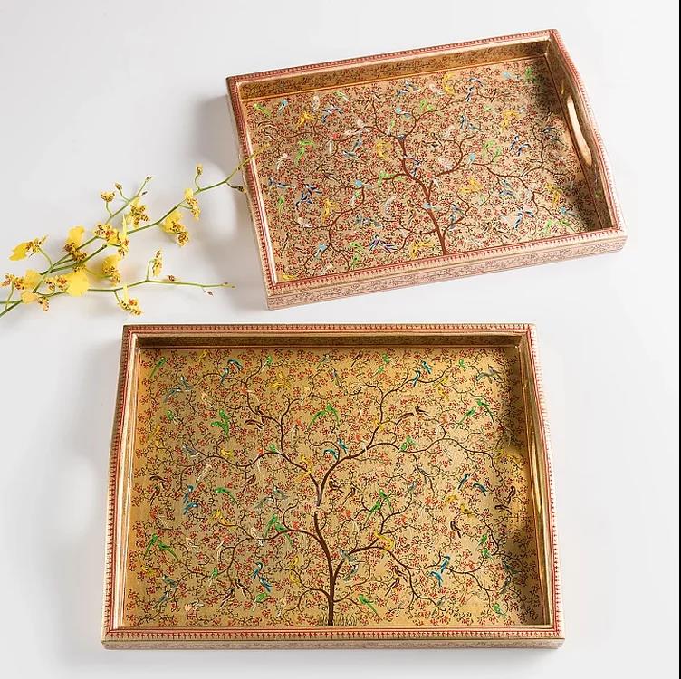 她乡悦品-手工微型艺术绘画金色托盘, 百鸟幸福树 Miniature Painting Art Tray