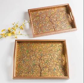 她乡悦品-手工微型艺术绘画金色托盘, 百鸟幸福树 Miniature Painting Art Tray