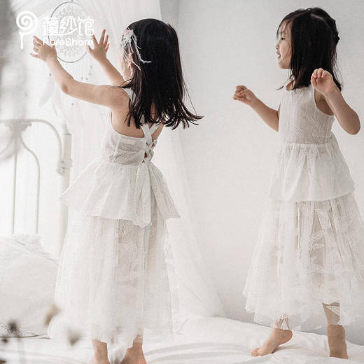 pureshare蓬纱馆女童白色时尚度假连衣裙夏小女孩吊带裙生日礼服-白色度假两件套 商品图5