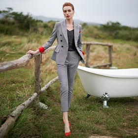 IWY/灰色小西装西服套装女条纹格子韩版休闲职业装时尚CP9354