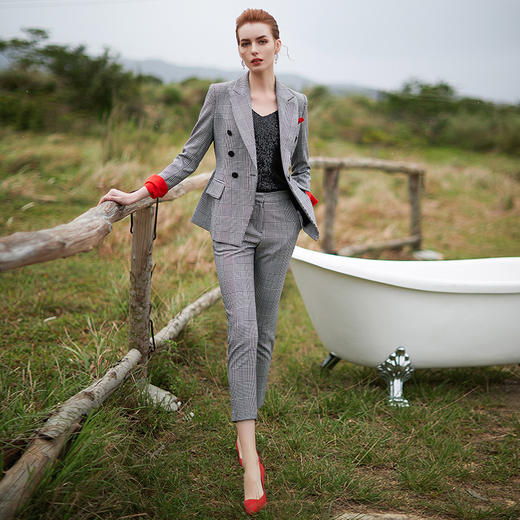 IWY/灰色小西装西服套装女条纹格子韩版休闲职业装时尚CP9354 商品图0