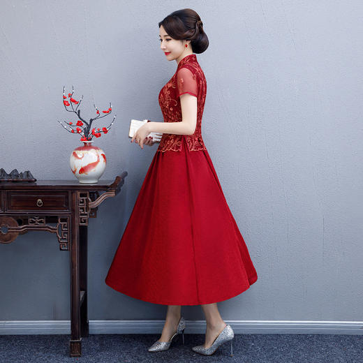 WXG-1950新款中式复古长款南韩丝礼服旗袍连衣裙 商品图3