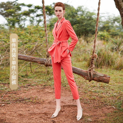 IWY/红色职业装女细条纹西装套装系带收腰西服商务OLCP9313 商品图9