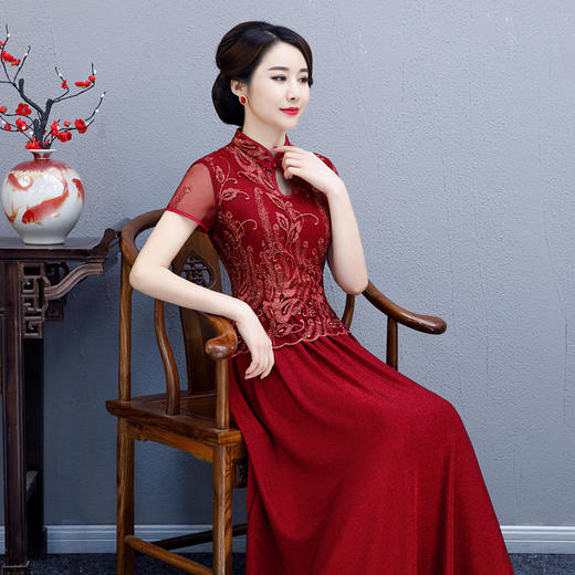 WXG-1950新款中式复古长款南韩丝礼服旗袍连衣裙 商品图1