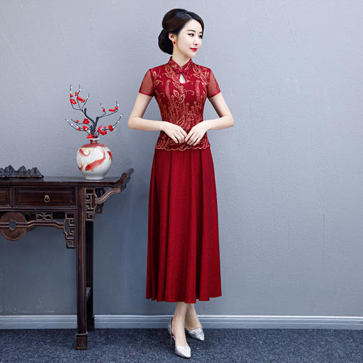 WXG-1950新款中式复古长款南韩丝礼服旗袍连衣裙 商品图2