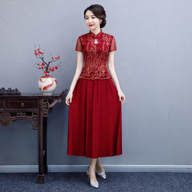 WXG-1950新款中式复古长款南韩丝礼服旗袍连衣裙