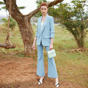 IWY/职业套装女淡蓝时尚单粒扣七分袖西装套装休闲工作服CP9339