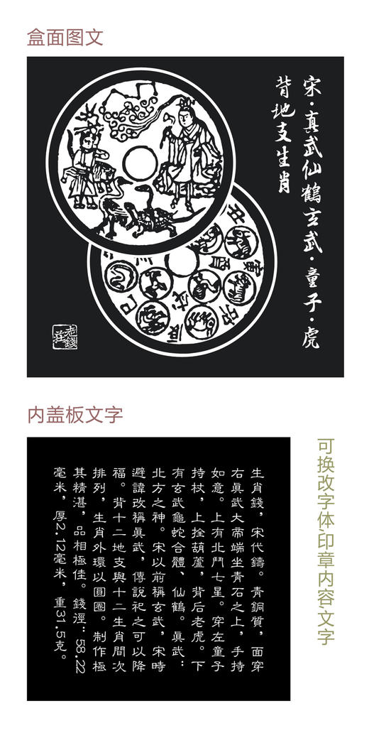 【实木泉匣】真武仙鹤虎背十二生肖宋花（71mm圆盒）黑胡桃单枚装实木盒 商品图4