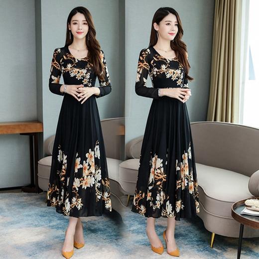 NYL-25756新款气质修身显瘦长袖雪纺中长款碎花连衣裙TZW 商品图1