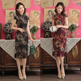 ZA-8214-日常丝绸印花复古旗袍