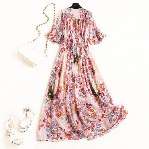 OL-C11436新品V领镶珠荷叶袖松紧显瘦高腰印花雪纺连衣裙TZW 商品图1