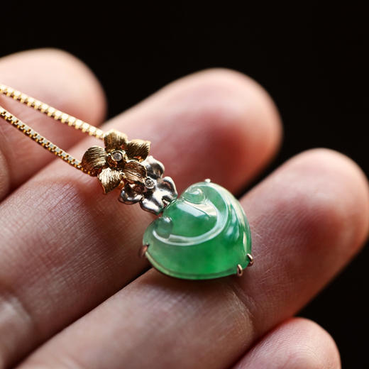 冰种阳绿翡翠如意吊坠18k黄金白金钻石镶嵌 商品图7