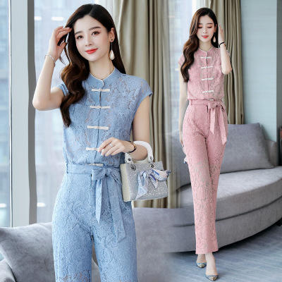 WZ  WM9359-时尚优雅复古盘扣蕾丝衫阔腿裤 商品图0