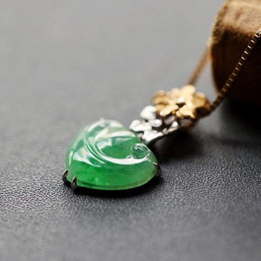冰种阳绿翡翠如意吊坠18k黄金白金钻石镶嵌 商品图1