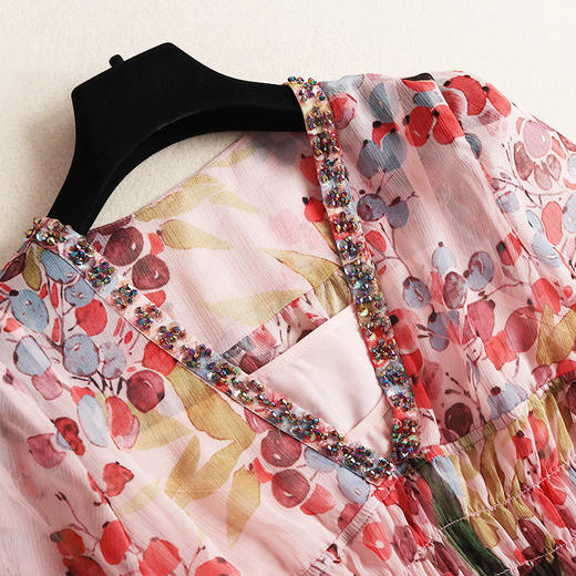 OL-C11436新品V领镶珠荷叶袖松紧显瘦高腰印花雪纺连衣裙TZW 商品图2