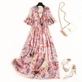 OL-C11436新品V领镶珠荷叶袖松紧显瘦高腰印花雪纺连衣裙TZW