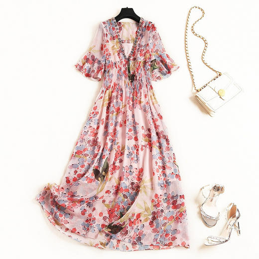 OL-C11436新品V领镶珠荷叶袖松紧显瘦高腰印花雪纺连衣裙TZW 商品图0