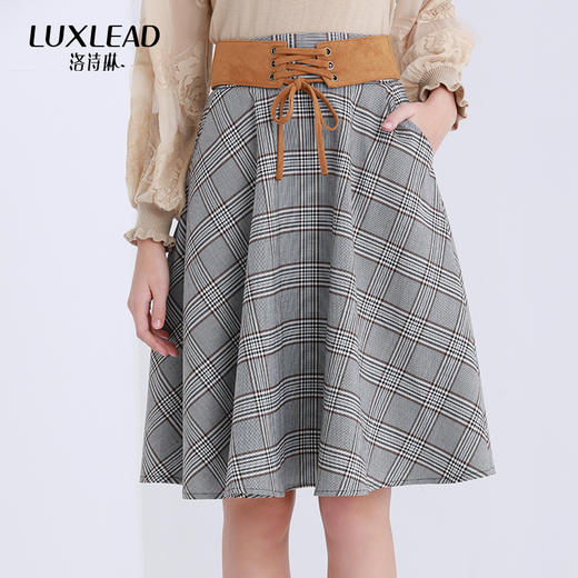 新款女装撞色绑带复古格子大摆半身裙子 - luxlead洛诗琳官方旗舰店