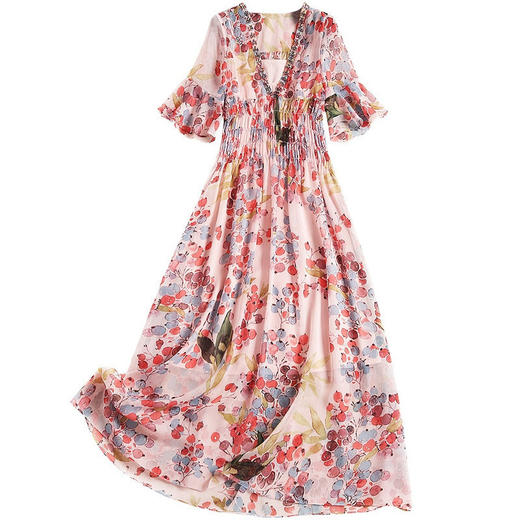 OL-C11436新品V领镶珠荷叶袖松紧显瘦高腰印花雪纺连衣裙TZW 商品图4