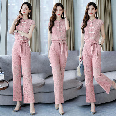 WZ  WM9359-时尚优雅复古盘扣蕾丝衫阔腿裤 商品图2