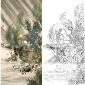 胡也佛竖幅工笔动物白描底稿-《风雨牡牛》-多种白描尺寸可选-HY36