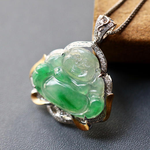冰种阳绿俏色翡翠弥勒佛18k白金钻石镶嵌 商品图0