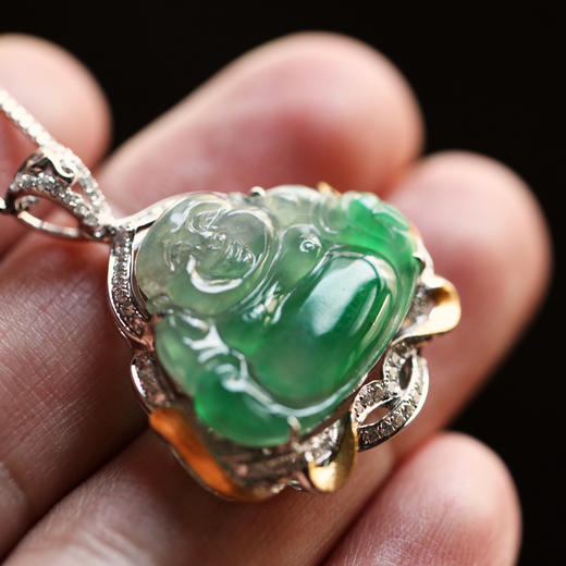 冰种阳绿俏色翡翠弥勒佛18k白金钻石镶嵌 商品图7