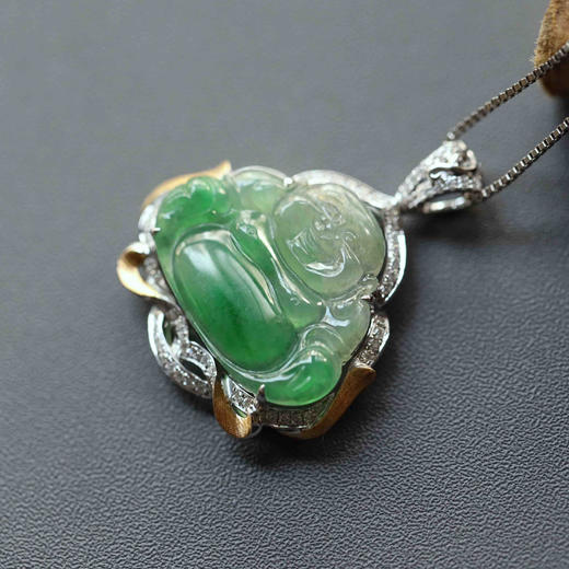冰种阳绿俏色翡翠弥勒佛18k白金钻石镶嵌 商品图3