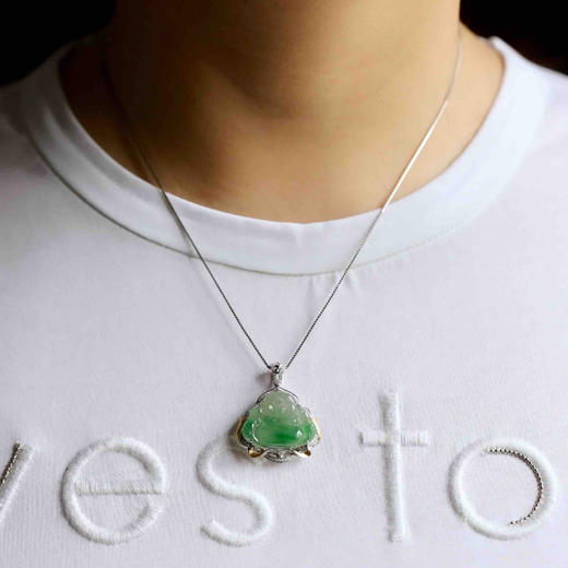 冰种阳绿俏色翡翠弥勒佛18k白金钻石镶嵌 商品图9