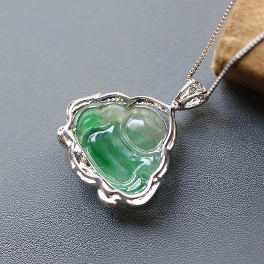 冰种阳绿俏色翡翠弥勒佛18k白金钻石镶嵌 商品图5