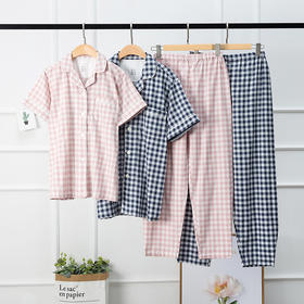 老米优品 / 无印代工厂出品！ 情侣款❤ 双层纱经典格短袖家居服 日式小格纹双层纱敲击透气的情侣款家居套装！