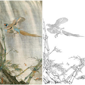 胡也佛竖幅工笔花鸟白描底稿-《风竹斑禽图》-多种白描尺寸可选-HY34