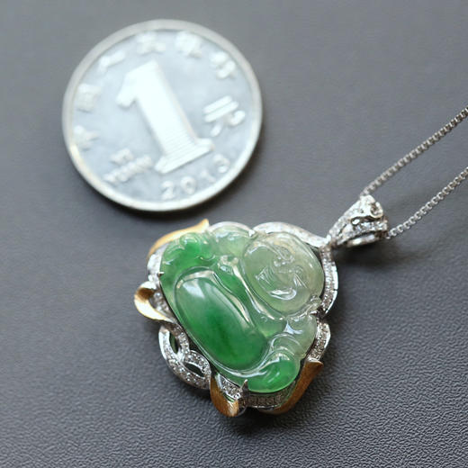 冰种阳绿俏色翡翠弥勒佛18k白金钻石镶嵌 商品图4