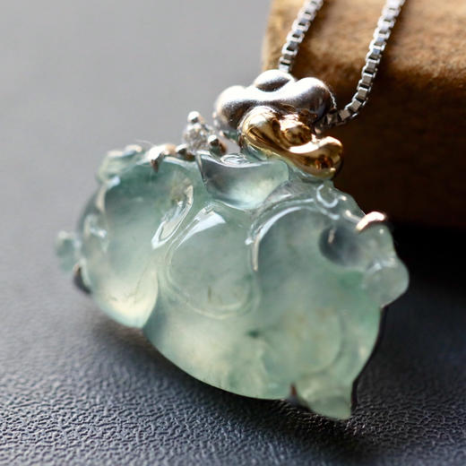 冰种飘花翡翠马上有钱18k白金钻石镶嵌 商品图1