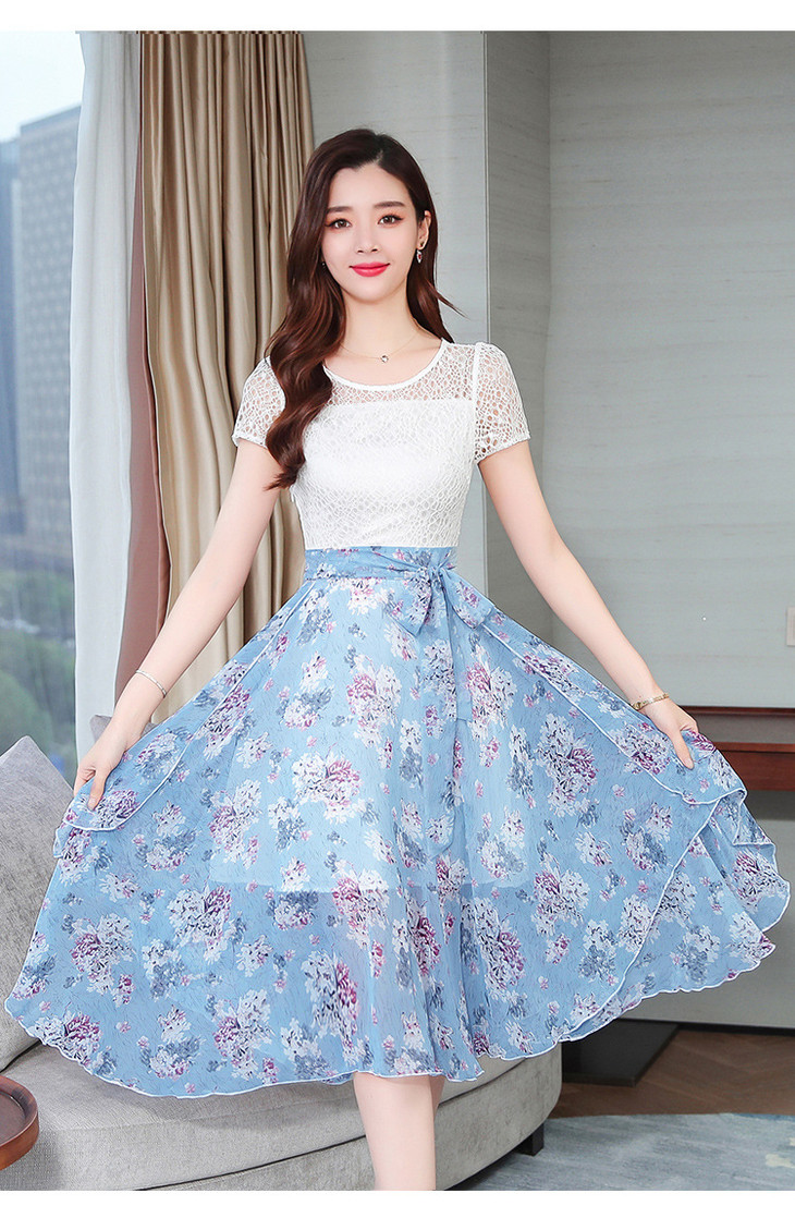 mz2679蕾丝雪纺连衣裙中长款收腰显瘦