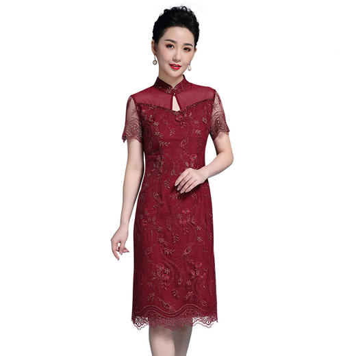 MY-92419新款时尚蕾丝短袖中长款宴会礼服改良旗袍连衣裙TZW 商品图3