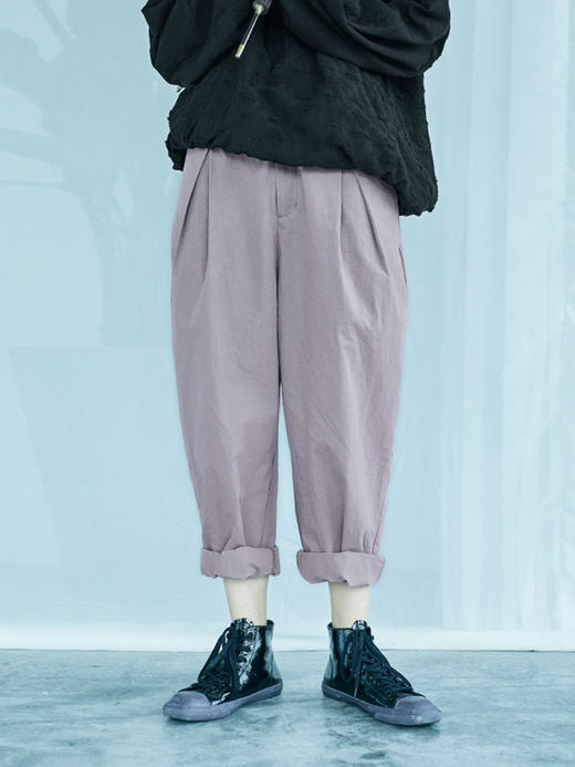 日着原创设计2019秋季新款紫色棉布长裤