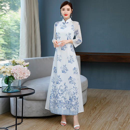 gn9058ha新款青花瓷复古修身立领奥黛长裙tzf
