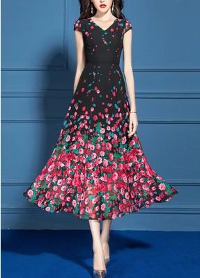 HT-8186-显瘦中长款气质v领收腰碎花连衣裙 商品图0