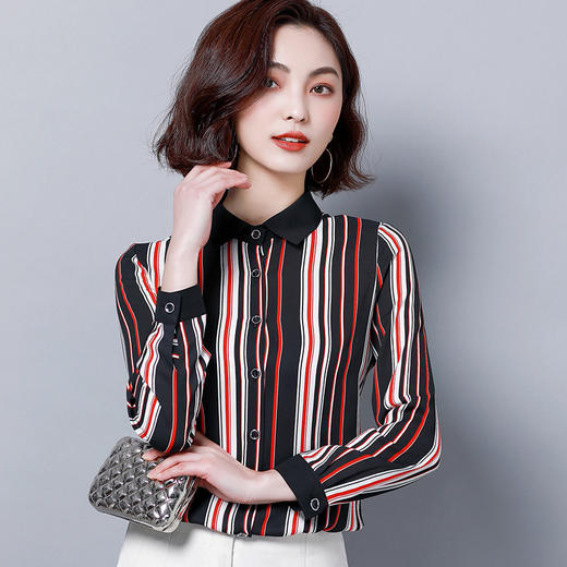 MZ  2713条纹衬衫女长袖修身衬衣 商品图4