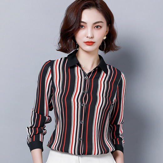 MZ  2713条纹衬衫女长袖修身衬衣 商品图1