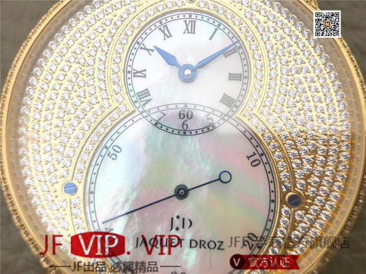 N雅克德罗大秒针系列亅亅J014013226腕表! 烧钢蓝指针 镀18k黄金镶钻！ 贝壳表盘搭配白色钻石 42毫米直径,男士 表壳厚度： 12毫米 商品图6