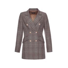 棕色格纹混纺收腰西装外套
