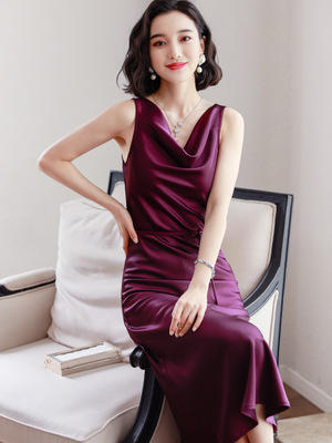HT-1969-新款荡领显瘦气质缎面背心连衣裙 商品图2