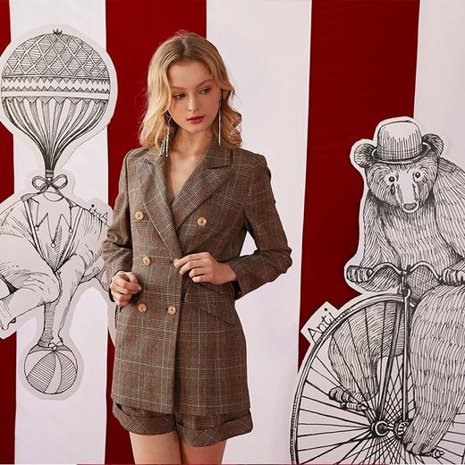 棕色格纹混纺收腰西装外套 商品图1