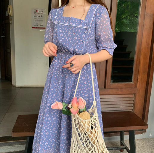 xx现货hspm法式方领泡泡袖小众桔梗裙敲甜美の仙女碎花洋裙xlq9005楥