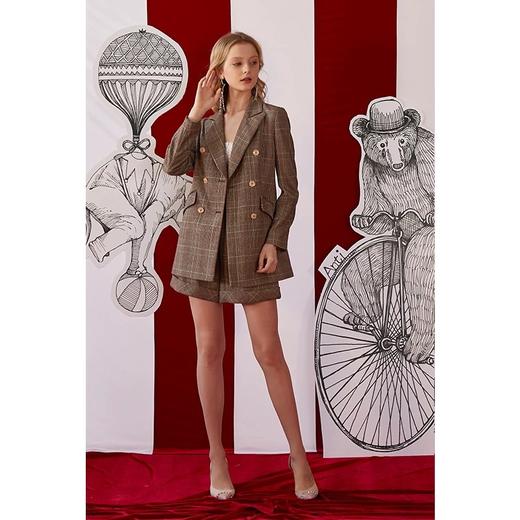 棕色格纹混纺收腰西装外套 商品图2