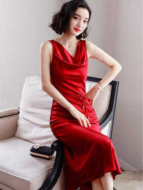 HT-1969-新款荡领显瘦气质缎面背心连衣裙