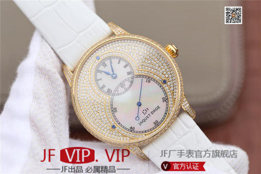 N雅克德罗大秒针系列亅亅J014013226腕表! 烧钢蓝指针 镀18k黄金镶钻！ 贝壳表盘搭配白色钻石 42毫米直径,男士 表壳厚度： 12毫米 商品图1