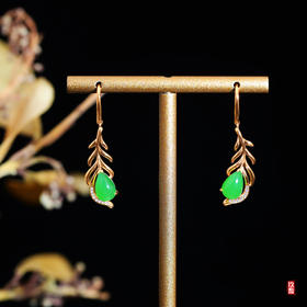 18K玫瑰金和田玉（碧玉）镶钻耳饰--羽 /水滴6*9mm/总长35mm/苹果绿